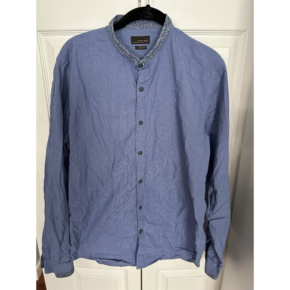 Zara Men's Blue Check Smart Casual Long Sleeve Shirt Size Large L